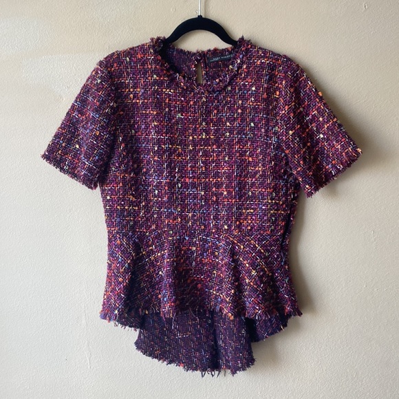 Zara multicolor raw hem tweed keyhole back peplum size M - Picture 4 of 16